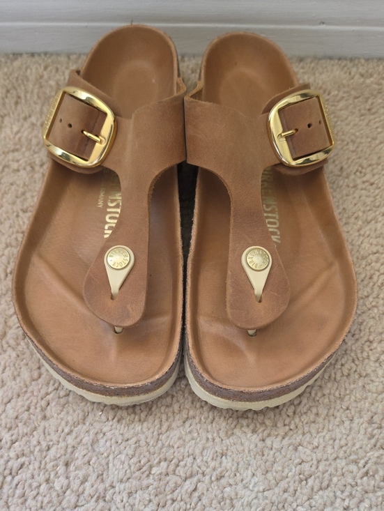 Birkenstock Shoes - Birkenstock Brown Suede Gizeh Sandals with Gold Buckles